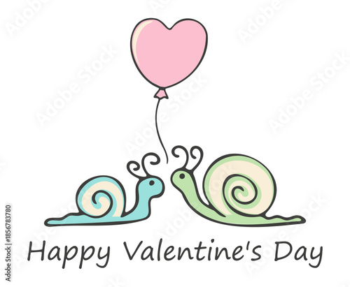 Happy Valentine's Day! A Cute and cheerful greeting card with snails with a heart-shaped balloon. Hand drawing doodles. Children's drawing style