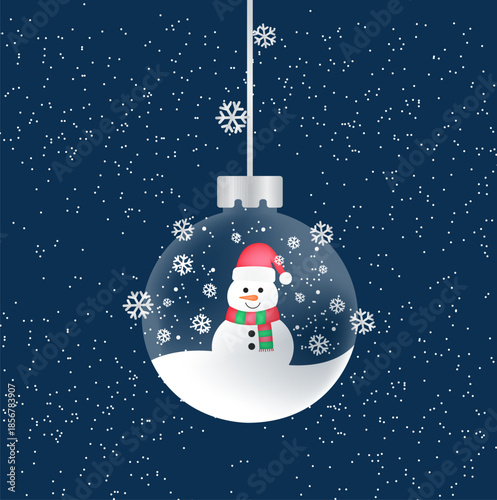 Illustration of a New Year's ball with a snowman on a dark blue background.