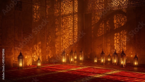 Intricate traditional arabic lanterns illuminate a richly decorated room with dramatic patterned shadows casting a warm golden glow.