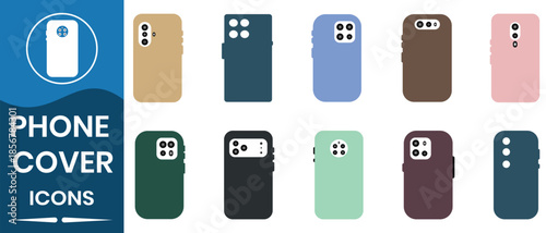 Different style phone  cover icon. Smart phone case icon vector set. Screen protection for mobile phone cover. Showcasing different designs and colors, ideal for mobile shops. Vector illustration.