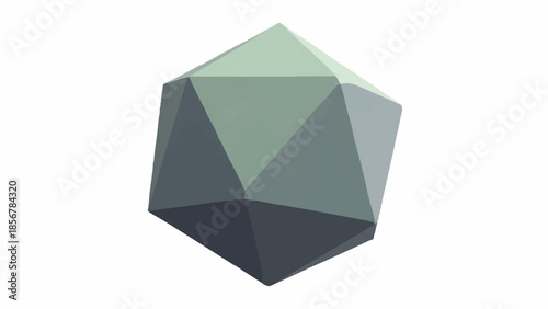 Abstract faceted geometric polyhedron rendered in cool green and grey shades, showcasing a modern 3D design. Perfect for contemporary digital art, technology themes, and clean minimalist projects