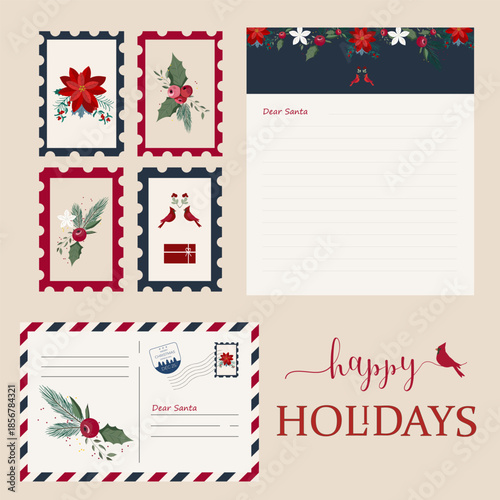 Letter envelope for letters to Santa Claus with letterhead and stamps. Christmas mail set, Vector illustration