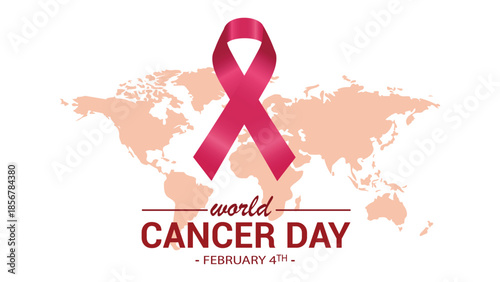 World Cancer Day awareness ribbon on a peach colored world map background