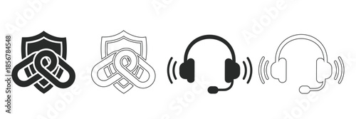 Set of modern, professional icons for secure customer support and communication, featuring shield and headset symbols in black and white.