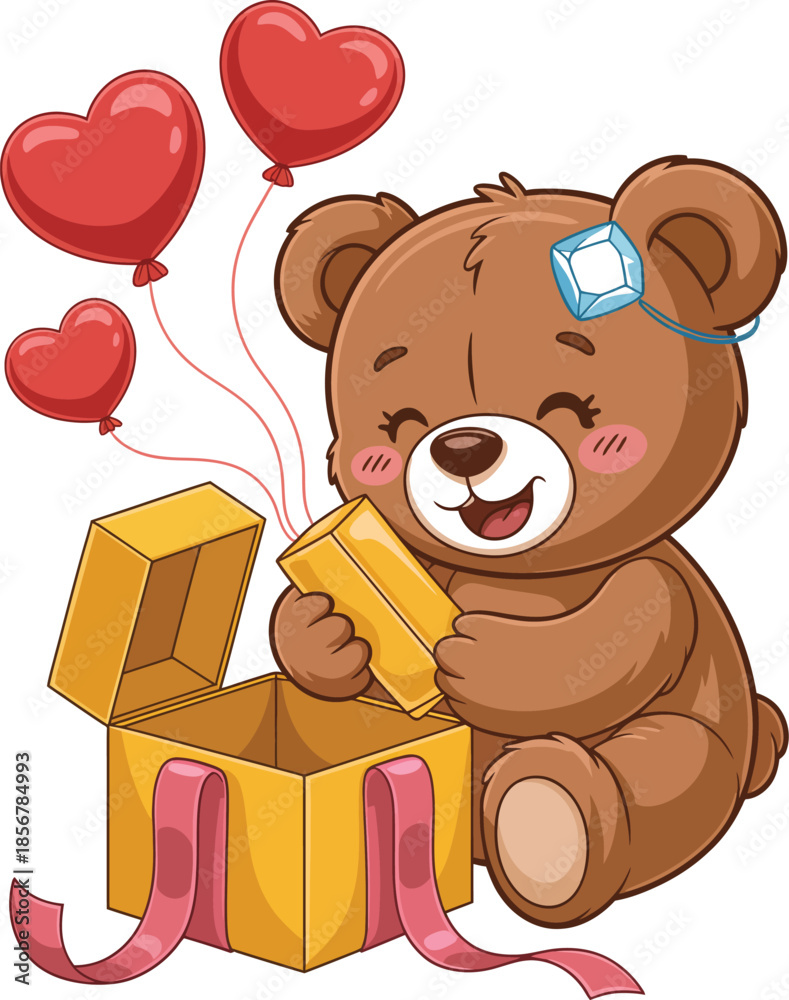 Obraz premium Brown teddy bear opening yellow gift box with red heart balloons