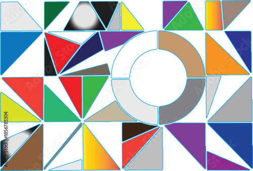 Colorful geometric shapes forming a circular pattern with a central white circle