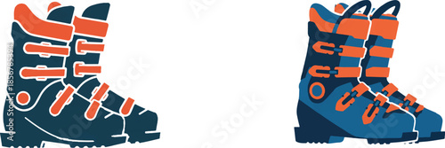 Pair of Blue and Orange Ski Boots with Straps and Buckles