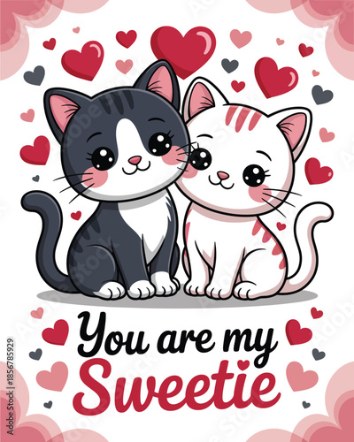 Two cute cartoon cats with hearts and text kitten love