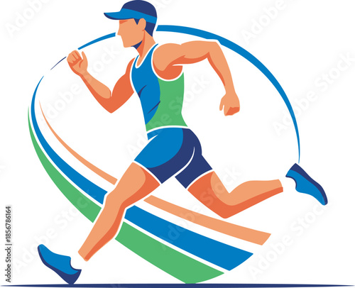 Dynamic side-view vector of a male runner with a visor. Featuring vibrant motion streaks in blue, green, and orange, this energetic illustration is perfect for track and field or marathon branding.