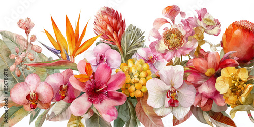 Vibrant tropical flower bouquet with hibiscus and orchids