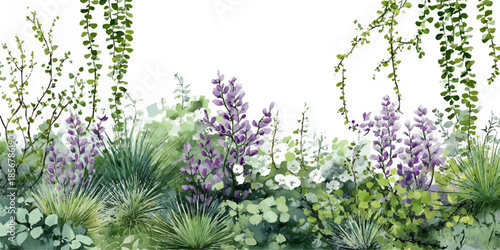 A serene watercolor illustration of a lush garden featuring a variety of flowers and greenery, perfect for nature and landscape themes.