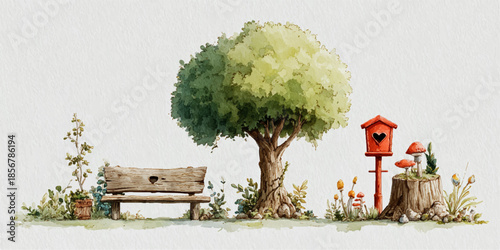 Watercolor illustration of a serene garden with a tree, bench, and birdhouse