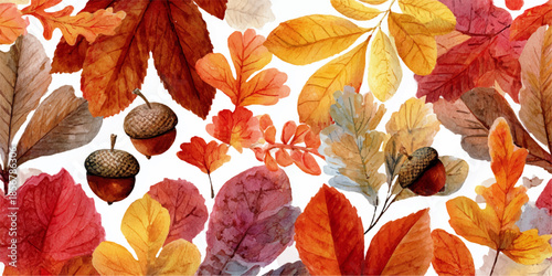 A vibrant and detailed pattern featuring autumn leaves in various colors and acorns, perfect for fall-themed designs.