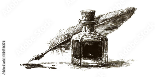 Vintage quill pen and inkwell illustration representing writing and history