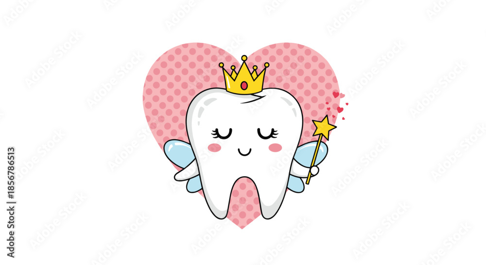 Naklejka premium Adorable cartoon tooth character wearing a crown and wings holding a magic wand in front of a pink heart on a white background.