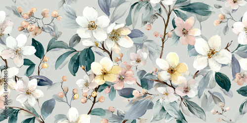 A beautiful floral pattern featuring white, pink, and yellow blossoms with green leaves, perfect for decorative backgrounds and wallpapers.