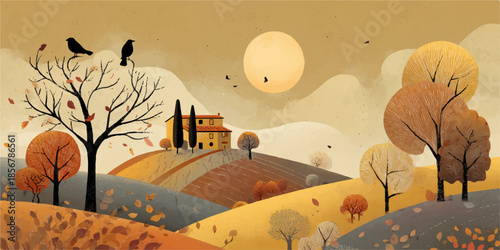 Autumn landscape with birds and farmhouse