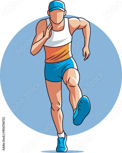 Front-view vector illustration of a male marathon runner wearing a cap. High-detail athletic character in blue and orange gear, ideal for race finish line graphics and sports apparel branding.