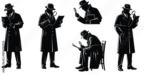 Black and White Silhouette Vector Set of Private Detective Spy Characters Wearing Trench Coats and Fedoras Holding Magnifying Glass Investigating Evidence
