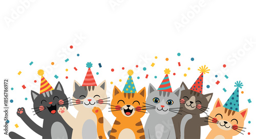 Joyful group of six cute cats of different breeds wearing colorful party hats and celebrating with festive confetti.
