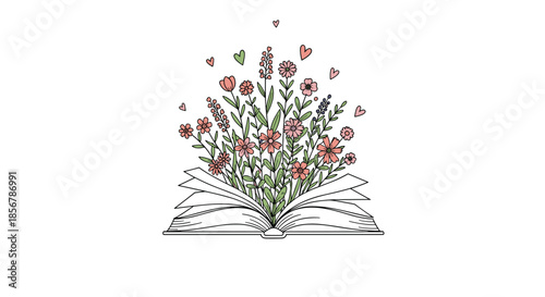 Whimsical illustration of a beautiful bouquet of wildflowers growing out of an open book with small floating hearts.