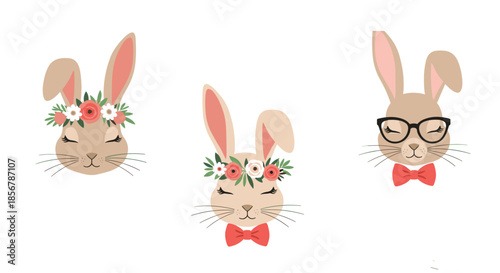 Set of three adorable bunny heads wearing floral crowns, glasses, and bow ties for whimsical easter and spring-themed decorative projects.