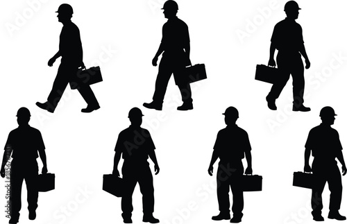 Black silhouette collection of professional construction workers wearing hard hats and carrying toolboxes isolated on white background for industrial design
