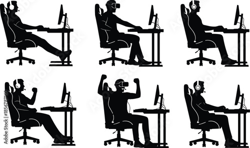 Black Vector Silhouette Set of Gamers Sitting in Gaming Chairs Using Computers With VR Headsets and Headphones for Esport Competition