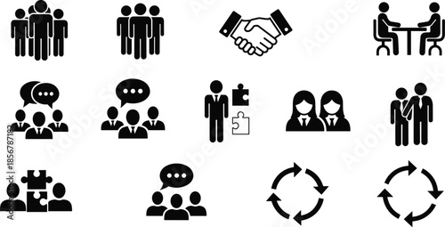 Business Team Collaboration Icon Set, Corporate Partnership Handshake, Professional Meeting, Leadership Group, Puzzle Solution, and Teamwork Silhouettes for Office Management Concepts