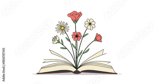 Open book with colorful wildflowers growing from its pages, representing the beauty of literature and the growth of knowledge and nature.
