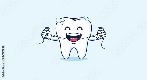 Cheerful cartoon tooth mascot successfully flossing its teeth, promoting good oral hygiene and dental care habits for kids and adults.