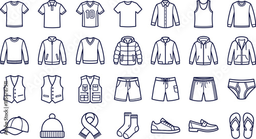 Set of Clothing and Apparel Line Icons Including T-shirt Polo Shirt Jacket Hoodie Shorts Vest Socks Hat Scarf Shoes and Flip-flops