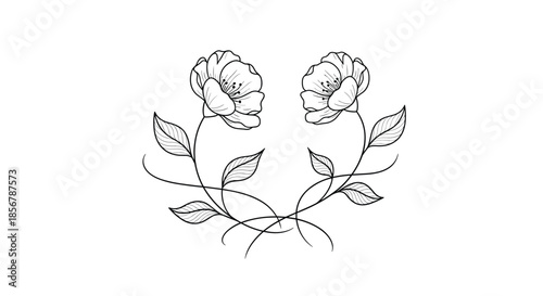Symmetrical line art illustration of two delicate flowers on curved stems with leaves in a clean black and white minimalist style.