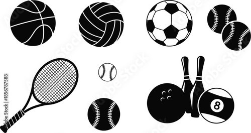 Sports Ball and Equipment Icon Set Silhouette, Athletic Game Symbols for Soccer Basketball Volleyball Tennis Bowling Baseball and Billiards Graphic Design