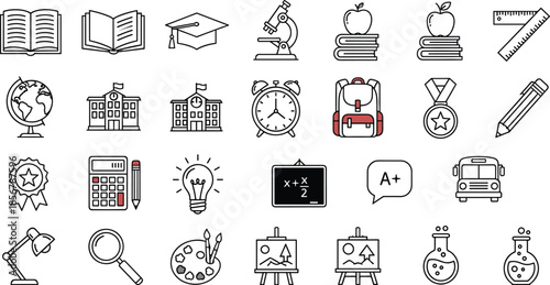 School education icons set featuring book graduation cap microscope apple ruler globe backpack bus and science lab equipment isolated vector illustration