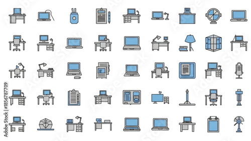 A diverse collection of modern digital workspace and office technology icons, ideal for business solutions, remote work, and enhanced productivity designs
