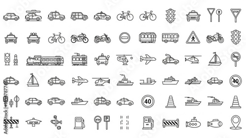 Collection of diverse transportation and traffic symbols, including vehicles and road signs