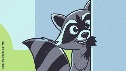 Confident raccoon character peeking from the side with a playful smile on a blue and green background.