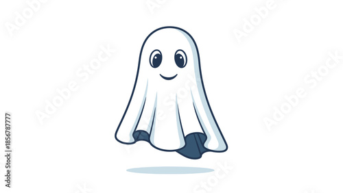 Cute and friendly ghost character happily floating, isolated white background.