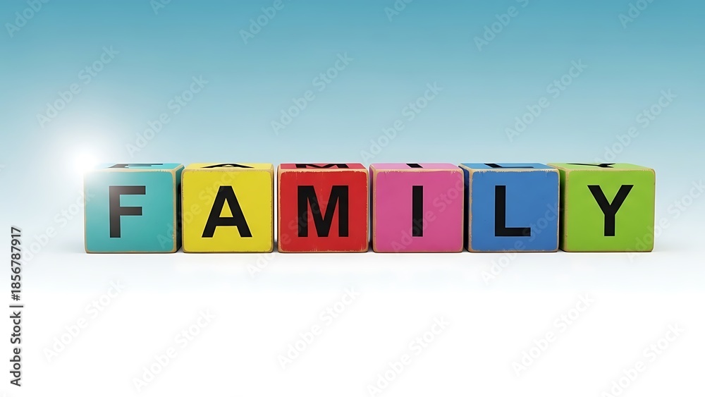 Obraz premium Colorful wooden blocks spelling the word family in a row against a blue gradient background with a bright sun shining