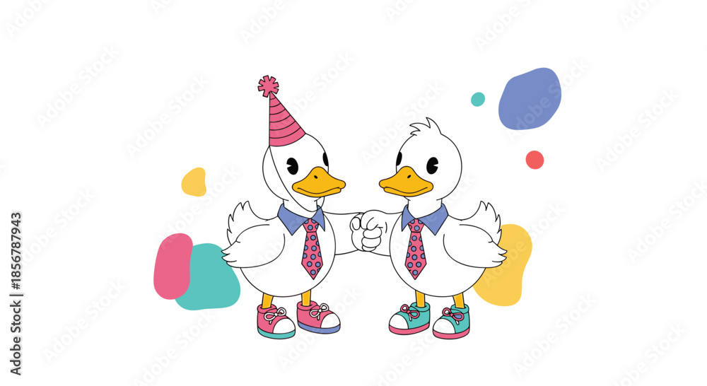 Naklejka premium Funny illustration of two white ducks wearing business ties and party hats performing a fist bump with colorful abstract shapes.