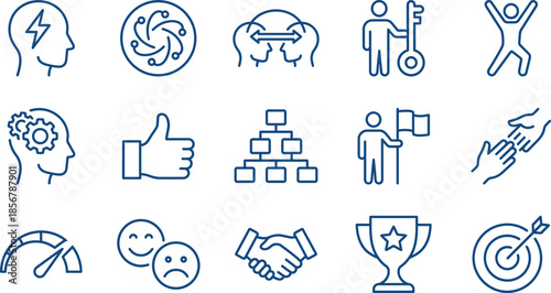 Collection of Business Leadership Icons Featuring Psychology Concepts, Teamwork Symbols, Strategic Planning Tools, Achievement Awards, Success Growth Indicators