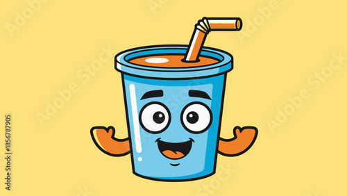 Happy cartoon drink cup character with a straw and orange liquid smiling cheerfully on a bright yellow background.