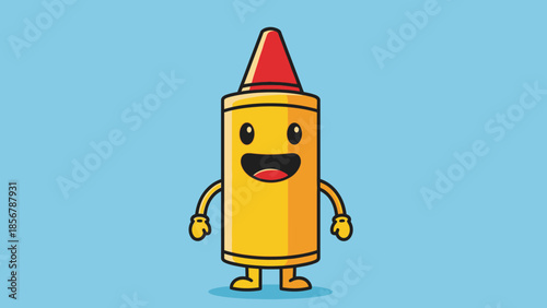 Cute happy cartoon yellow crayon character standing and smiling cheerfully on a light blue background, art and creativity symbol