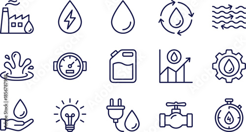 Set of Industrial Water and Energy Icons Featuring Hydroelectric Power, Resource Conservation, Utility Metering, Sustainable Production, and Liquid Management Symbols