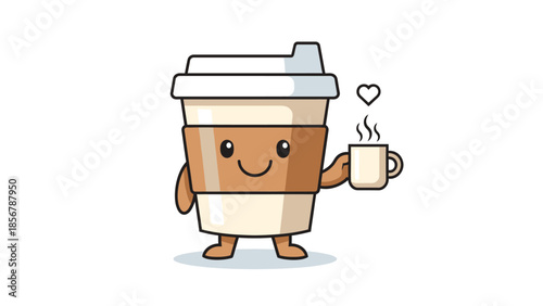 Cute Coffee Cup Character Holding a Warm Drink with Heart on Bright Studio Background
