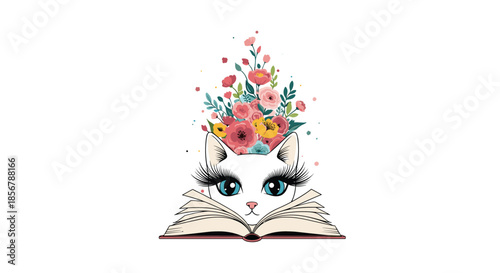 Whimsical illustration of a white cat with long eyelashes peering over an open book with a burst of colorful flowers growing from its head.