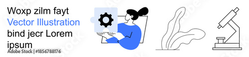 Technology, data science, creative innovation, research, biology, education. Female figure holding a gear, plant illustration microscope sketch. Technology and data science ion