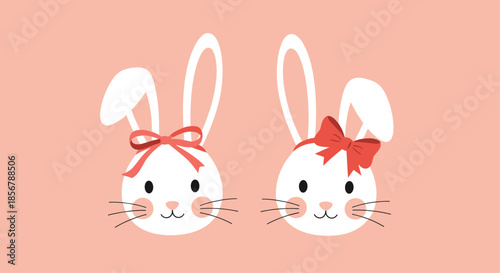 Two adorable white bunny heads with pink cheeks wearing different styles of red bows on a soft salmon colored background.