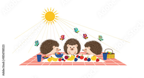 Three cute hedgehogs enjoying a fruit picnic on a checkered blanket under a bright yellow sun with colorful butterflies flying around.